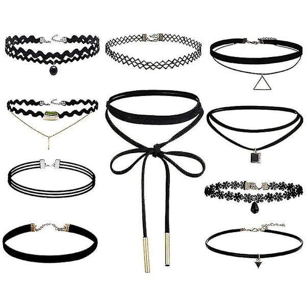 10 stk choker halskjede svart klassisk fløyel stretch gotisk tatovering halskjede