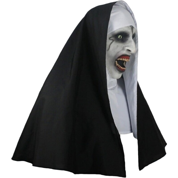 Skrämmande nunna Halloween-mask, realistisk latex-huvmask med öppen mun med huva för halloween-kostym-festrekvisita