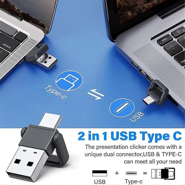 2-i-1 USB Typ C Presentation Clicker, Uppladdningsbar Trådlös Presentatör Fjärrkontroll, Klicker för PowerPo