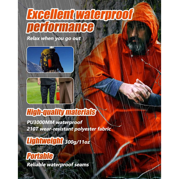 Vattentät Poncho Vuxen, Återanvändbar Regnponcho Vuxen Vattentät Poncho Vattentät Vuxen Lätt Vattentät Regnrock för Utomhusvandring (ORANGE)