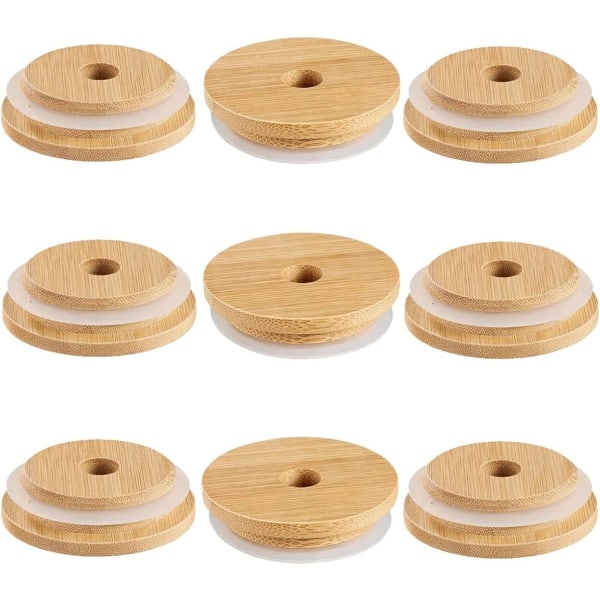 9 Pcs 70MM Bamboo Jar Lids With Straw Hole Reusable Bamboo Mason Jar Lids Beverage Storage Lids Leakage