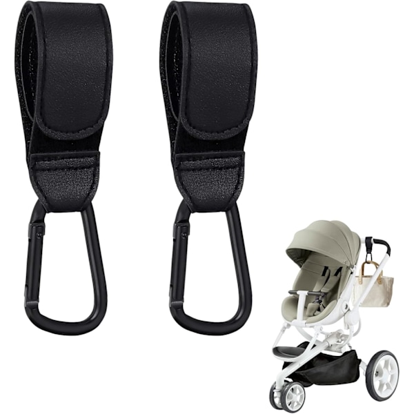 2PCS Barnvagnsklämmor för väskor, Barnvagnsklämmor för Barnvagnsset, Svarta Barnvagnskrokar för väskor, PU-läder Barnvagnsklämmor för väskor, Lämplig för mammablöja