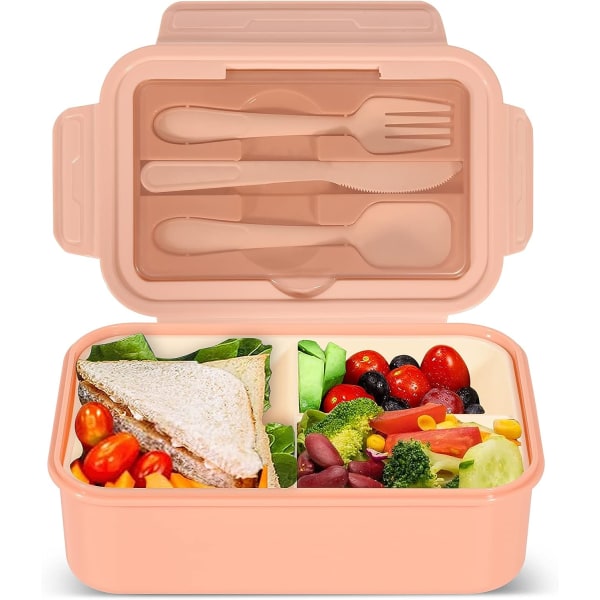Matboks, 1400 ml Bento lunsjboks for voksne og barn, lunsjboks med 3 rom, lunsjboks med bestikk, oppvaskmaskin, BPA-fri smørbrødboks