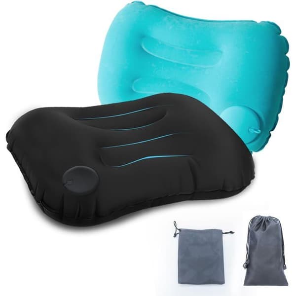 To oppblåsbare campingputer med oppbevaringspose, ergonomisk utformet for utendørsaktiviteter.
