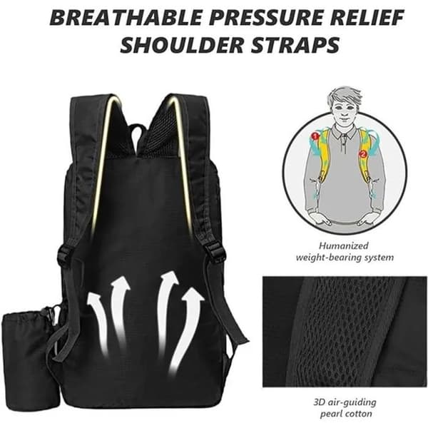 Ultralet foldbar rygsæk 42×28×20cm - Vandtæt - Til vandreture og rejser - Sort