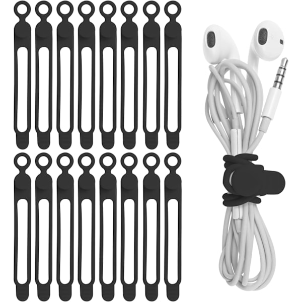 16 stk silikonkabelbindere, kabelarrangør, gjenbrukbare Black