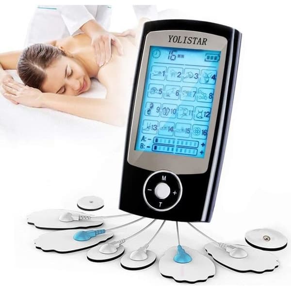 E TENS Elektrostimulator för smärtlindring och EMS muskelstimulering - 16 massageprogram + 8 uppladdningsbara elektroder