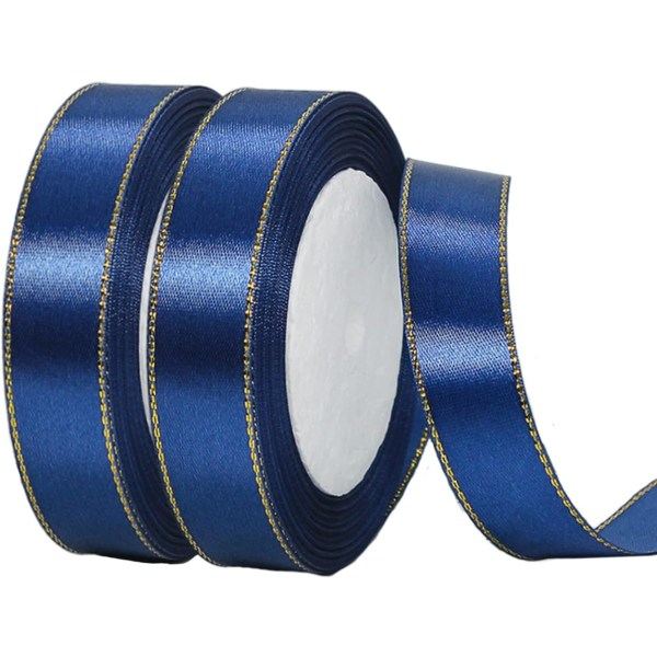 2 rullar 20 mm x 22 m marinblå band med guldtrim, jul dubbelsidig satinbandrulle för hantverk DIY, julband för presentinslagning