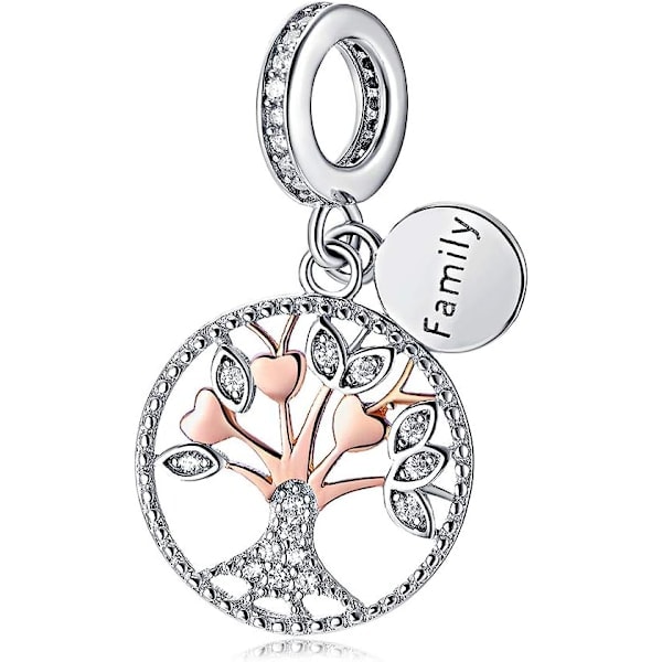 925 Sterling Sølv Perle Charm Familie Livets Tre Henger Charms Roségull Kvinner DIY Smykker