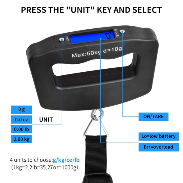 Digital bagagevægt, 50 kg (g/oz/kg/lb), kuffertvægt, digital bagagevægt, bærbar vægt med krog, bagagevægt