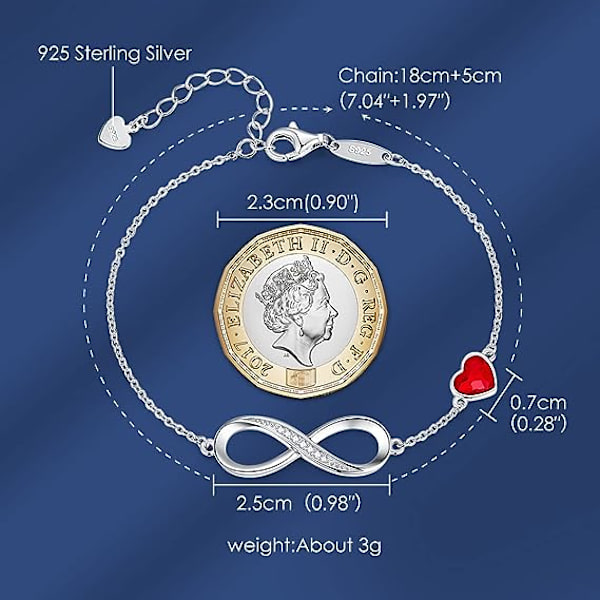 Infinity-rannekkeet naisille, Sterling Silver 925 -rannekoru Säädettävä naisten rannekoru, Infinity Love Heart Ladies -rannekkeet, Hopea rannekoru