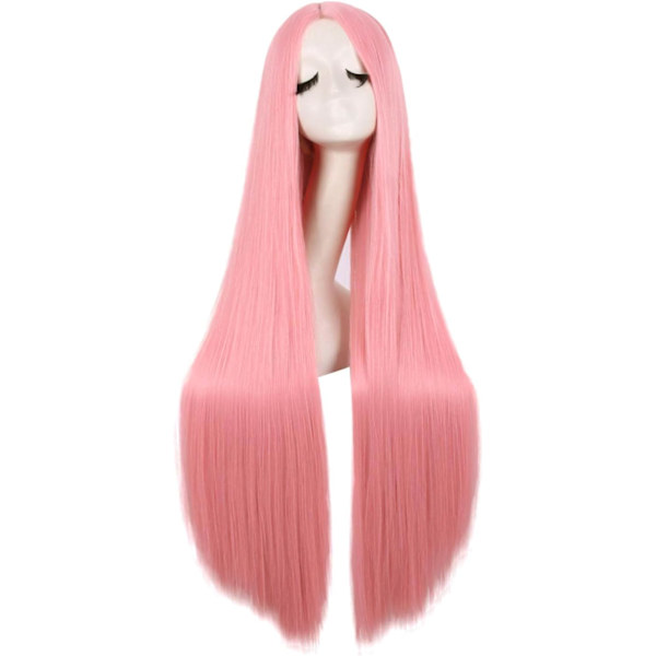 32 tommer 80 cm lang rosa cosplay parykk for kvinner rett syntetisk hår full parykk midtskill for fest