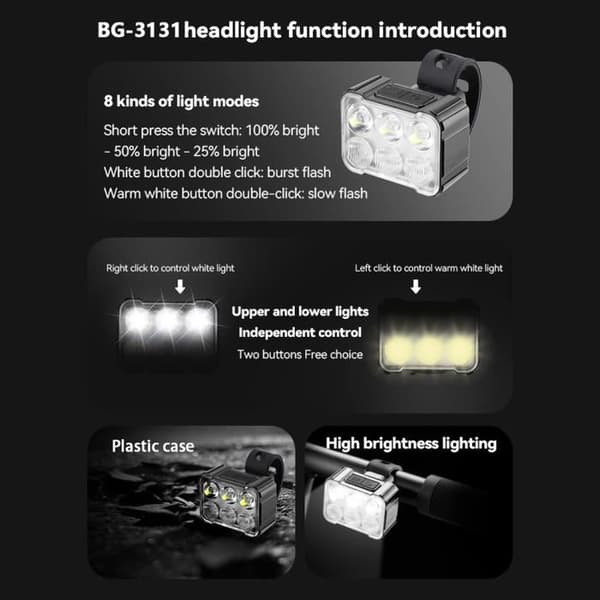 Hvid LED-forlygte til cykel, USB-oplader, baglygte til mountainbikes, til cykling, sikkerhedslys (Fire LED-perler)