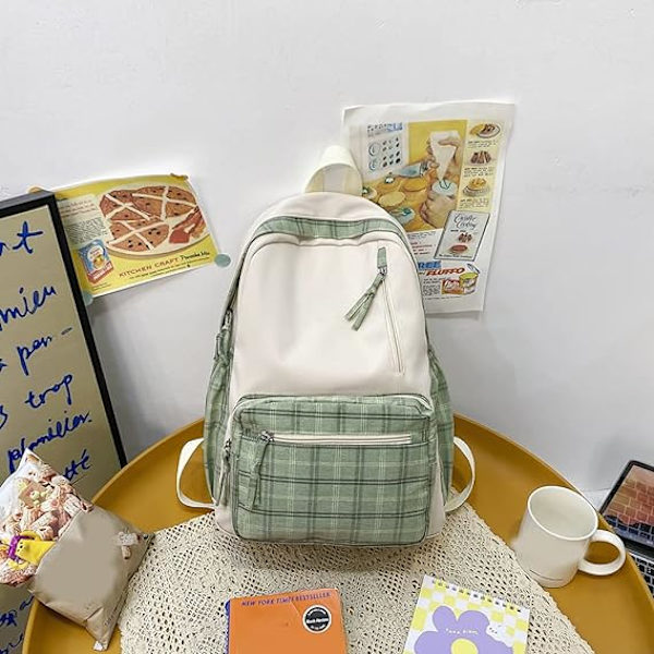 Kawaii Ryggsäck med Hänge Söt Ryggsäck Rutig Estetisk Ryggsäck Skolväska för Flickor Tonåringar Tillbaka till Skolan Ryggsäckar(A)