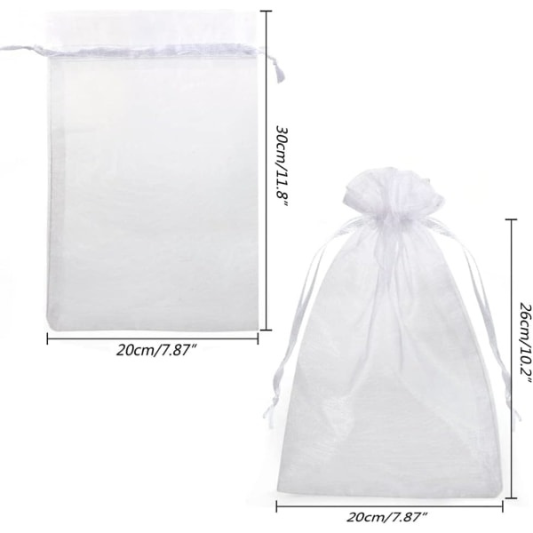 50 stk. Hvide Organzaposer, 20*30cm Store Gaveposer, Til Gennemsigtige Julegave Slikposer, Smykkeposer, Bryllupsgaver, Dåb