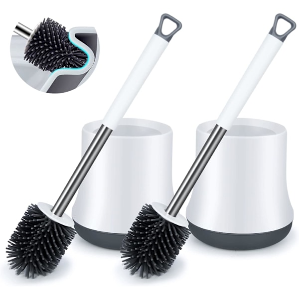 Silicone Toilet Brush and Holder Set 2 Pack,Non-Slip Long Handle and Quick Drying Holder, White