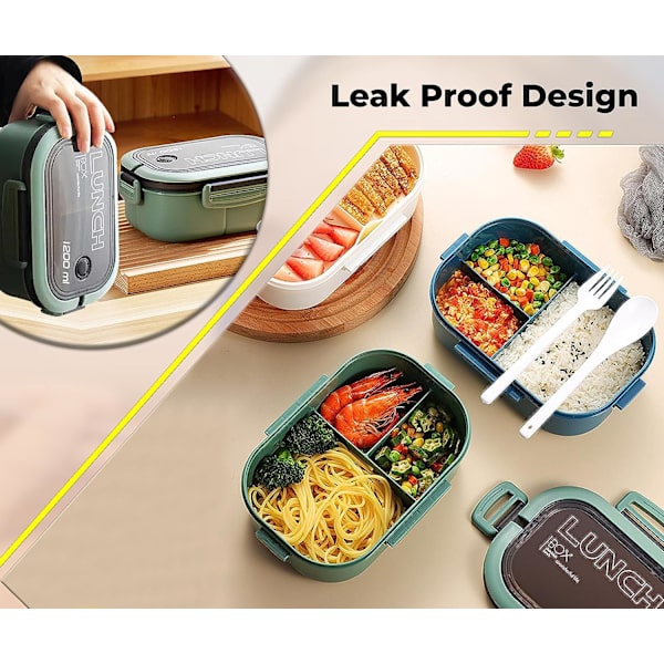 Lunsjboks, 1200 ml Bento Lunsjboks Selvoppvarming Lekkasjesikker, 3-i-1 Rom, Gjenbrukbar Bento Lunsjboks Måltidsbeholdere for Barn og Voksne