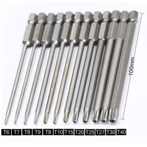Sett med 11 lange 100 mm magnetiske skrutrekkerbits, 1/4\" skaft, T6-T40