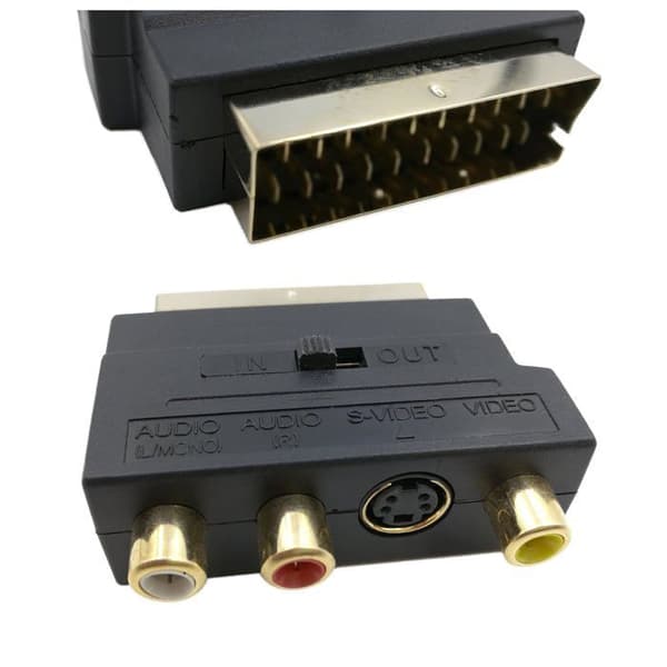 RGB Scart 21-pin hann til 3 RCA AV hunn-omformer + videoadapter (svart)