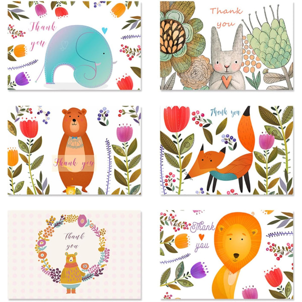 24 pakke takkekort med konvolutter og klistermærker, Søde dyr-temadesign, hver lykønskningskort Multipack indeholder 6 farverige designs