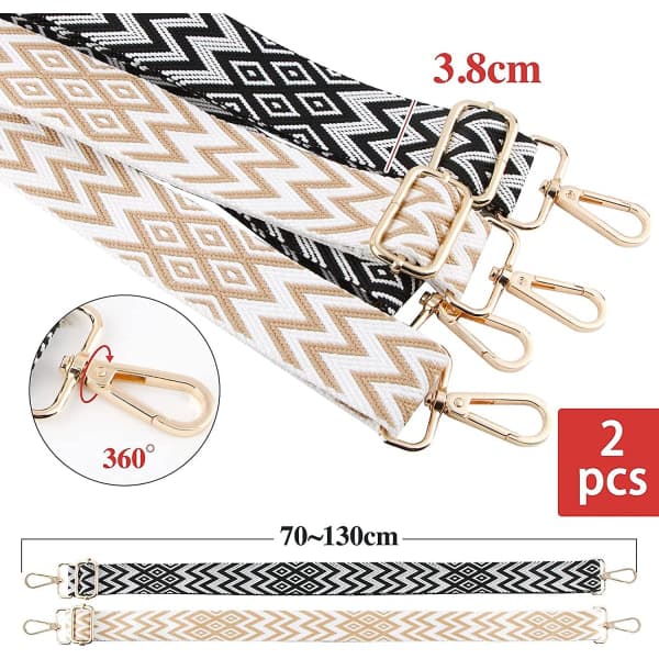 Justerbara axelremmar för väskor, 3,8 cm, breda axelremmar för handväskor med randigt mönster, boho, 70-130 cm med karbinhake