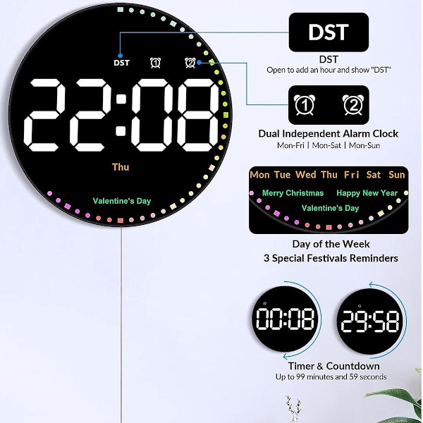 Digital väggklocka med färgglada ljus, 10 tum LED digital klocka med fjärrkontroll, tid väckarklocka för Li
