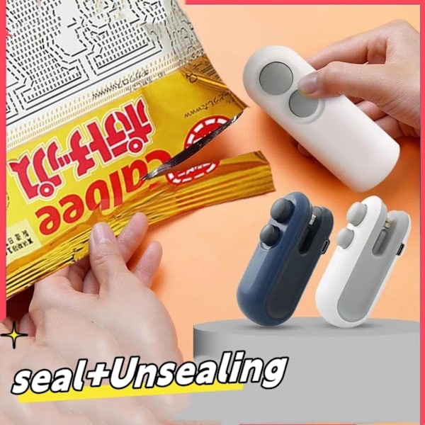 Mini Poseforsegler, USB-C Genopladelig Poseforsegler, 2 i 1 Poseforsegler Varmestempling med Klips og Magnet, Mini Poseforsegler, Hvid