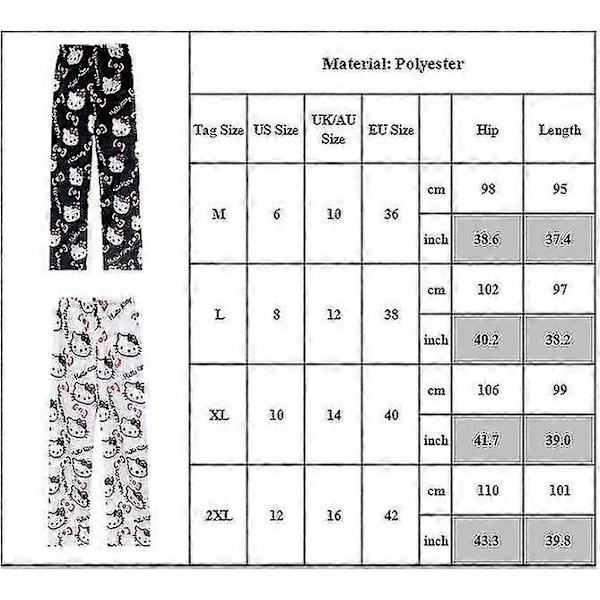 Kawaii Pyjamas för Kvinnor och Flickor, Cartoon Hello Kitty All Over Print Flanell Jul Anime Mjuka Sovpjamasbyxor Pink Black XL