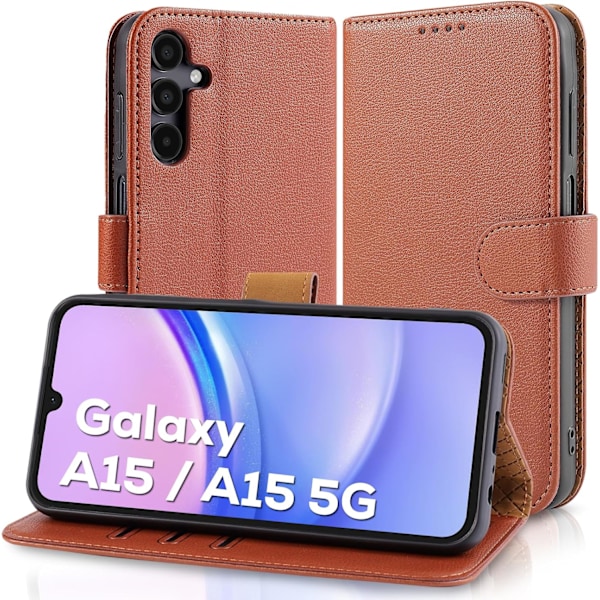 Samsung A15 -puhelinkotelo - Nahkainen foliokotelo, jossa [RFID-esto] Iskunkestävä [Jalusta] Samsung Galaxy A15 5G:lle Cinnamon Brown