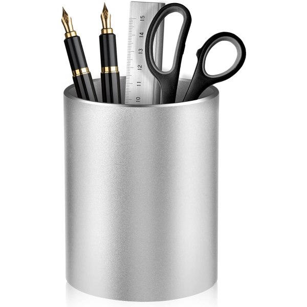 Penneholder Blyantholder til skrivebord, metalblyantholder til skrivebord, Makeup-børsteholder, blyantkop, penorganisator, 3,9×3,14 tommer (sølv)