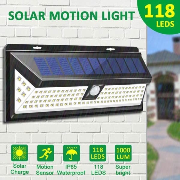 TEMPSA Solcellsvägglampa - 118 LED med Sensor IP65 Vattentät för Trädgård Utomhusbelysning