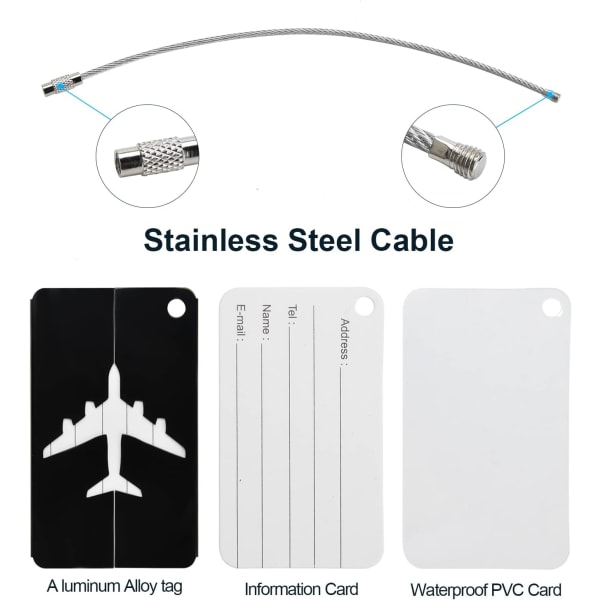 Bagasjelapper for kofferter, 6-pakning bagasjelapper i aluminiumlegering med stålløkke for reisebagasjeidentifikasjon ID-etiketter (svart)