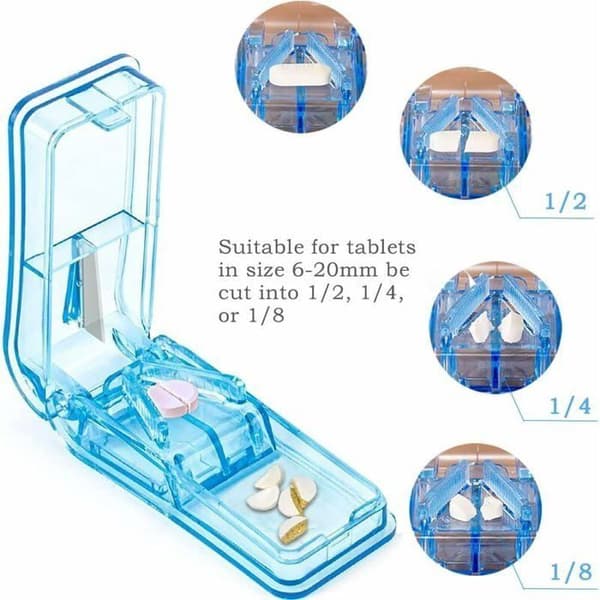 Blå pillekutter for små og store piller, pilleseparator med blad for å dele piller og tabletter
