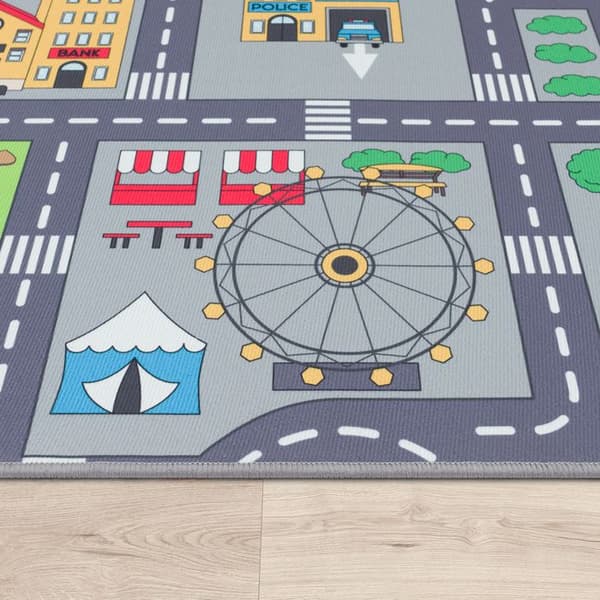 Paco Home Legetæppe, Børnetæppe, Børneværelsestæppe, Gademønster med Bil - Grå 3 - 160x220 cm 160x220 cm