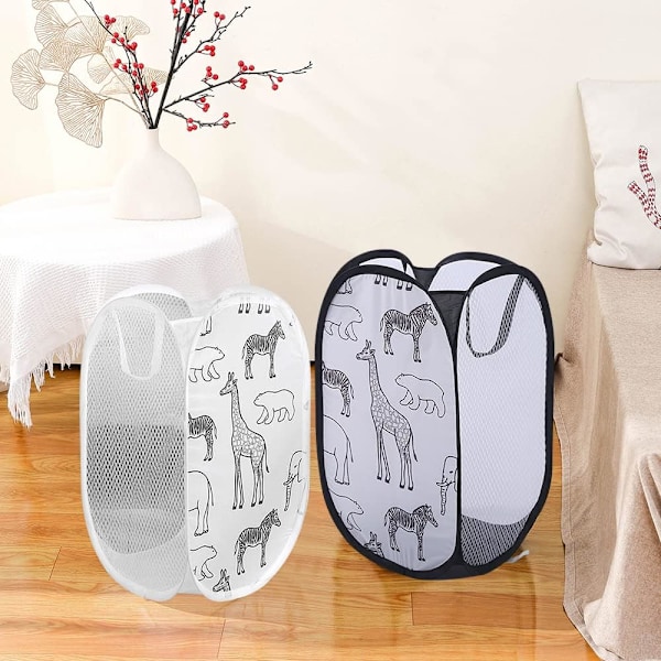 2 Sammenleggbare kleskurver, klesvaskpose, sammenleggbar pop-up kleskurv med håndtak, for organisering av barnerom, leker, klær, 30 x 30 x 48 cm Black+White