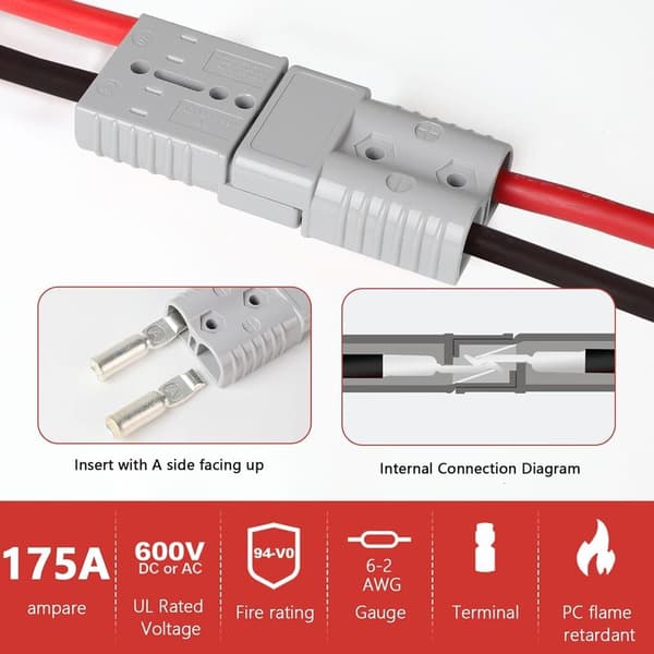 2 st. Anderson 175A 600V-kontakt, snabbkoppling för batteri, högströmskontakt för bilar, husvagnar, båtar, solsystem, grå