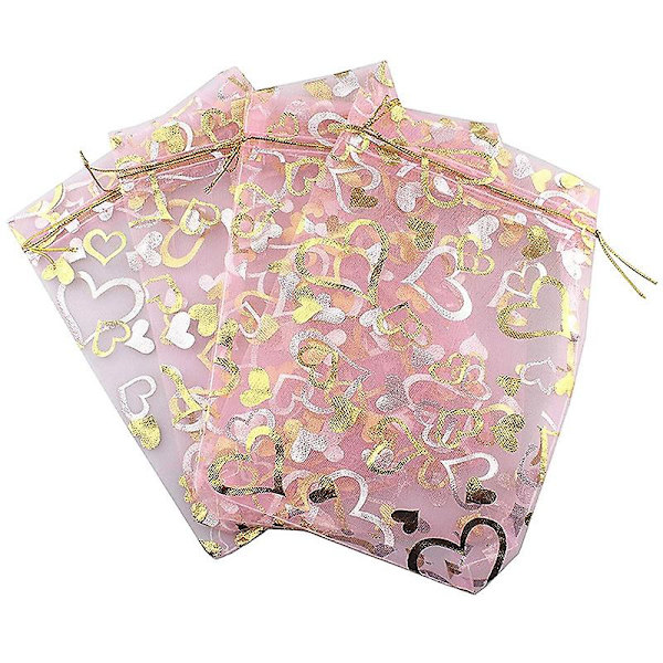 100 stk. 9x12cm Hjertetrykte lyserøde organzaposer Smykkeposeposer Organza snøreposer Bryllup
