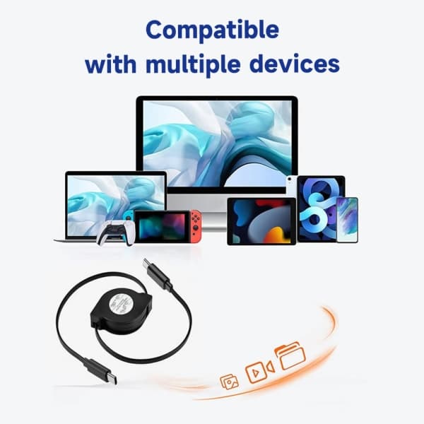PD 60W USB C Retractable Data Cable, til Macbook Hurtigopladningskabel til Type C Mobiltelefon Switch