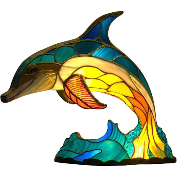 Fargede glassdyrformet bordlampe, bohemsk harpiksdyrlampe for soverom, stue, hjemmekontor, dekor, gave (delfin)