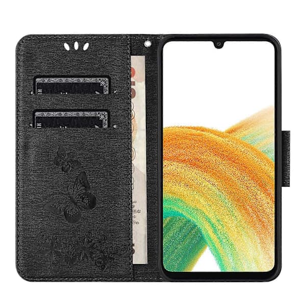 Etui til Samsung Galaxy A16 5G Sommerfugle Blomst Læder Wallet Flip Telefon Etui - Sort