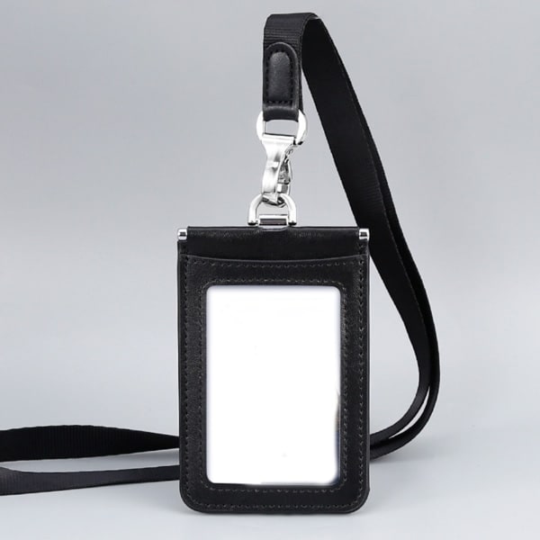 Läder Badgehållare med tydligt ID-fönster Kreditkortsfack Avtagbar halsband Visitkort för kvinnor män Vertikal Black Vertical