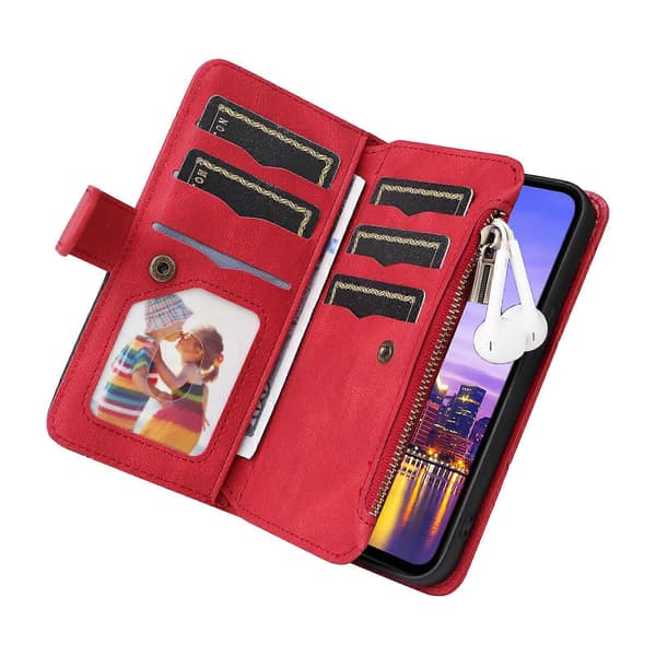 Multifunktionelt etui til Samsung Galaxy A16 etui lynlås pung læder telefoncover stativ Red