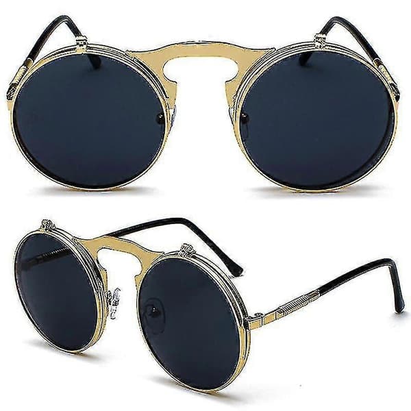 Menn Unisex Solbriller Flip Up Linse Runde Briller Gold Frame Black Grey Lenses