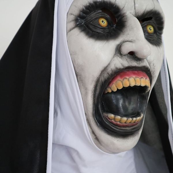 Uhyggelig nonne Halloween-maske, realistisk åben mund latex hætte maske med hætte Halloween kostume fest rekvisitter