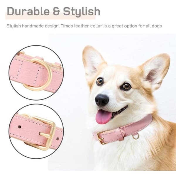 Hundehalsbånd, lavet af ægte læder, justerbart, med blød polstring, ny pink farve.