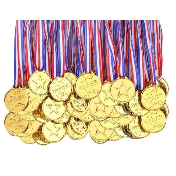 Barnmedaljer - 50-pack - Guldmetall - Trefärgat band - Multisport - Perfekt present