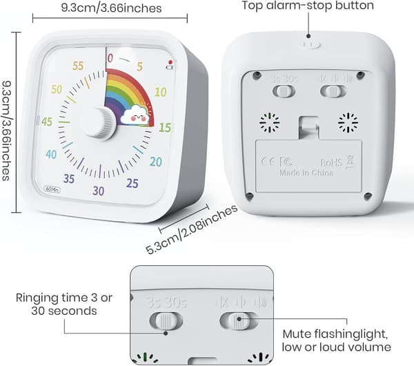 Visuell Rainbow Disk Timer med Skyddsfodral, 60 Minuters Nedräkningstimer för Barn och Vuxna, Tyst Verktyg för Tidshantering White