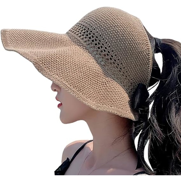 Kvinder solskærm bred skygget solhat UV-beskyttelse strandhat, der kan rulles sammenfoldelig tom tophat hestehale baseballkasket med sløjfe (khaki)