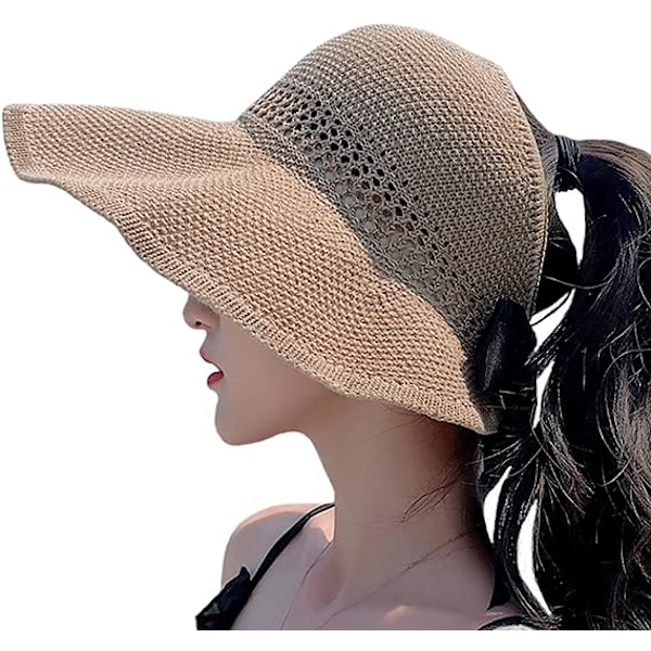 Kvinners Solskjerm Bred Bremskjerm Solhatt UV-beskyttelse Strandhatt Rullbar Foldbar Tom Topphatt Hestehale Baseballcaps med Sløyfe (Khaki)