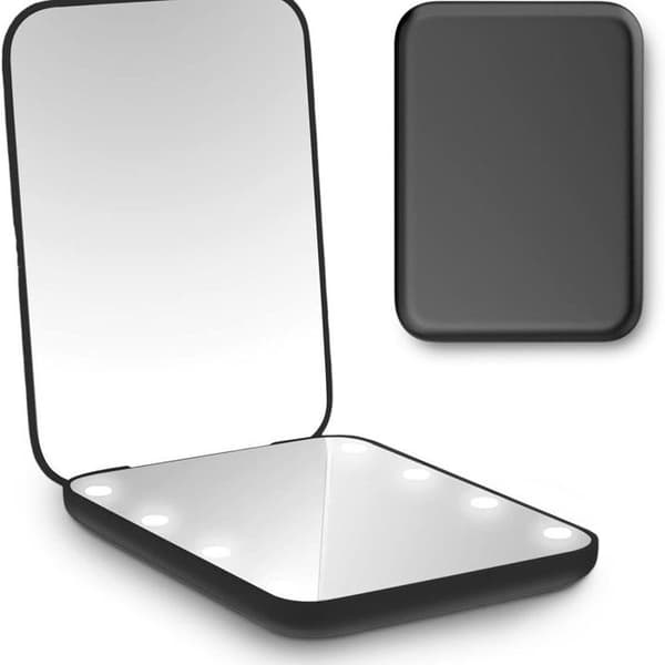 Lommespejl, bærbart LED makeupspejl med 1x/2x forstørrelse, med lys, dobbeltsidet, foldbart, bærbart, sort.